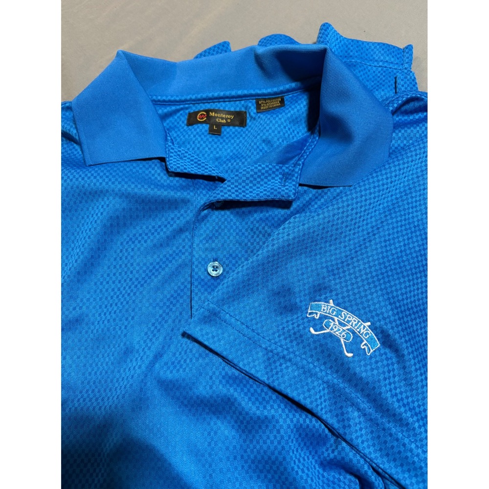 Monterey Club Mens Blue Micro Check Golf Polo Shirt Big‎ Spring 1926 Logo